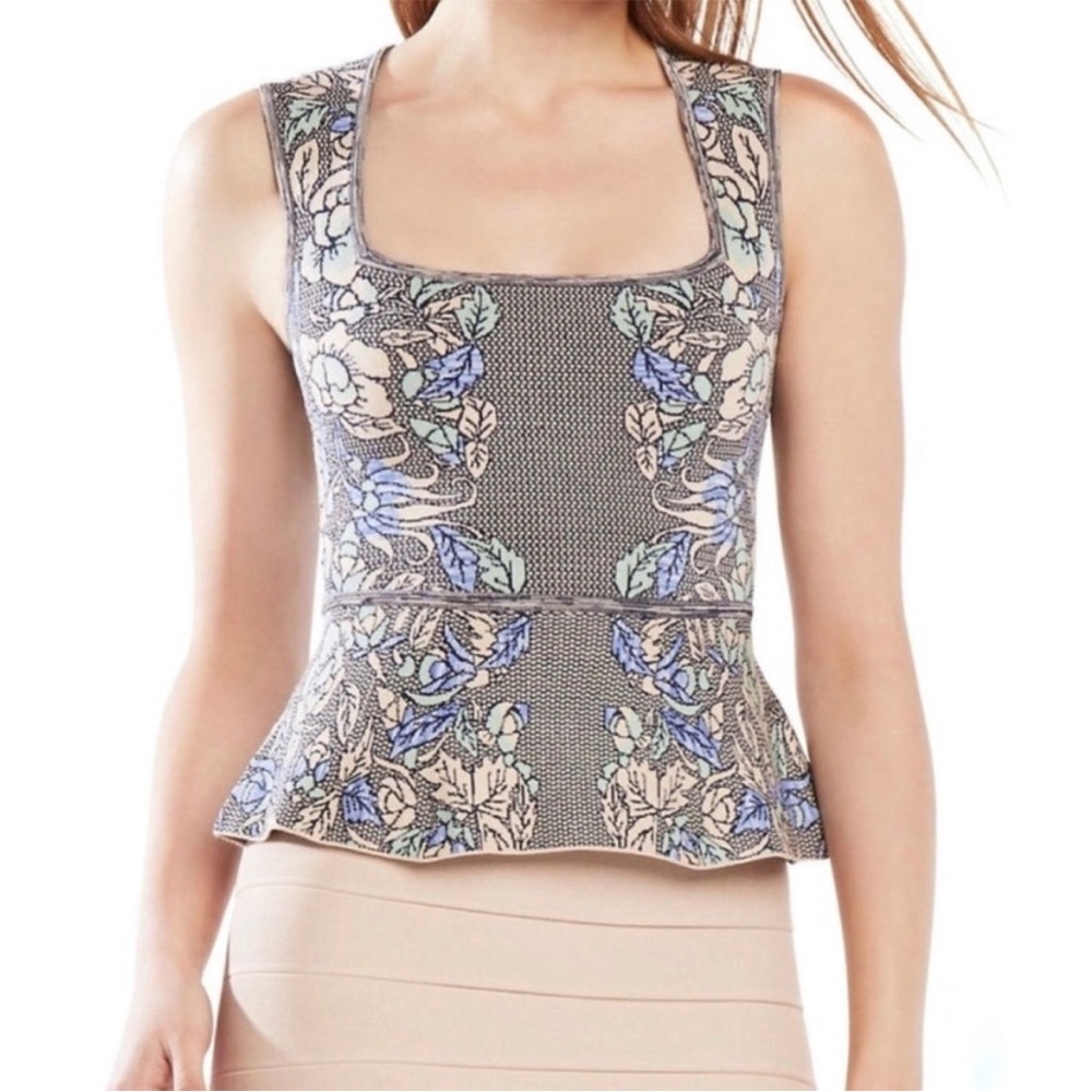 BCBGMaxAzria Alonya Knit Peplum Top Bare Pink Floral size Small